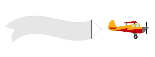 白い背景に分離された空のバナーと飛行機。リボンが空の航空機。