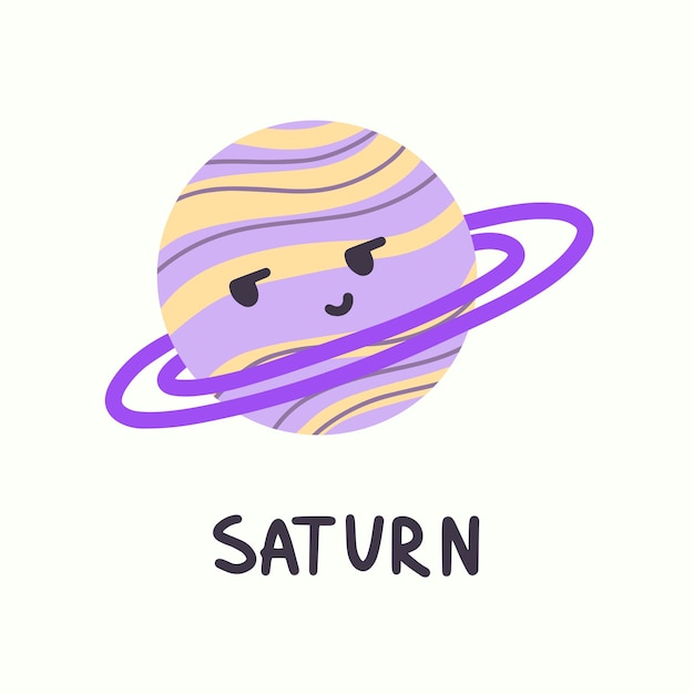 Planeet Saturnus met gezicht in cartoon-stijl. Wenskaart met schattige planeet