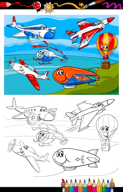 Planes and aircraft cartoon coloring book