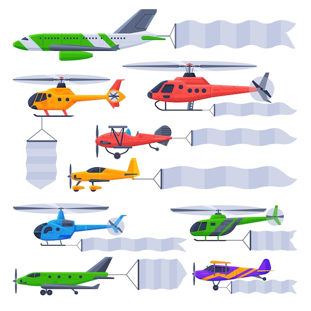 飛行機とヘリコプターがバナーを掲げて飛ぶ コレクション 広告用の白い白いリボンを掲げた航空機 ベクトルイラスト