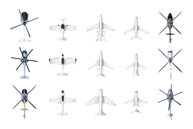 Planes and helicopters top view cartoon military and civil aviation aircraft passenger and cargo airplane and helicopter models collection vector set