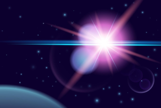 Planet and big shine star in dark space. Vector cosmos background