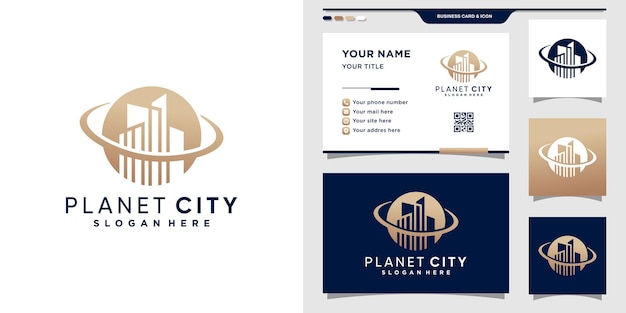 Planet city logo with creative concept and business card design.