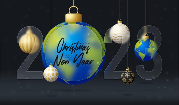 Planet earth 2023 sale banner or greeting card merry christmas and happy new year 2023 sport banner with glassmorphism or glassmorphism blur effect realistic vector illustration