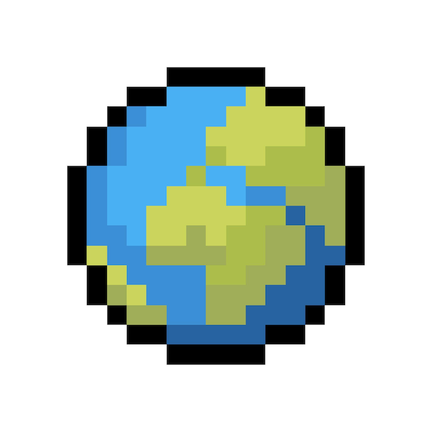 Vector planet earth 8 bit pixel art icon isolated on white background old school vintage retro 80s 90s slot machine video game graphics