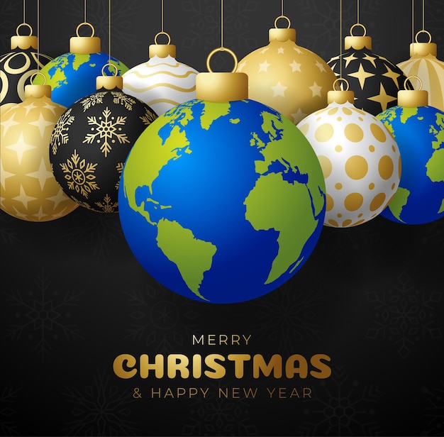 Planet earth christmas ball card merry christmas world greeting card set hang on a thread earth planet as a xmas ball bauble on black background world vector illustration