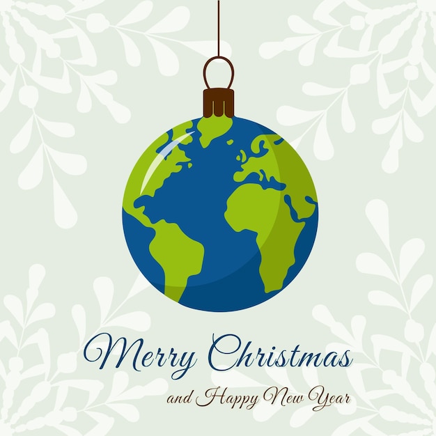 planet earth christmas bauble festive greeting worldwide holiday celebration vector card