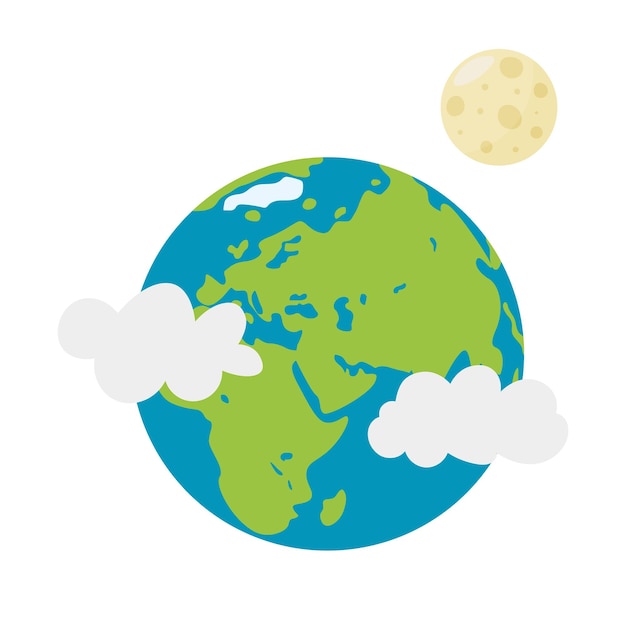 Planet Earth and its moon satellite on a white background Vector illustration in cartoon style for children Icon of the planet