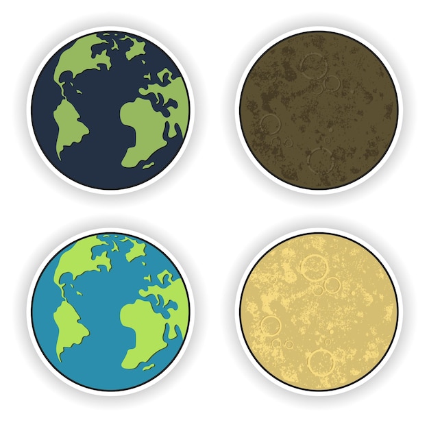 Vector planet earth and moon. solar system. set of flat graphic illustrations for templates, stickers, web sites, infographics and printed materials.