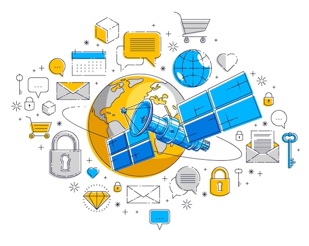 Планета Земля и орбитальный полет спутника с набором иконок, интернет-активностью, онлайн-платежами, концепцией электронного бизнеса, рынком или магазином, векторным дизайном.