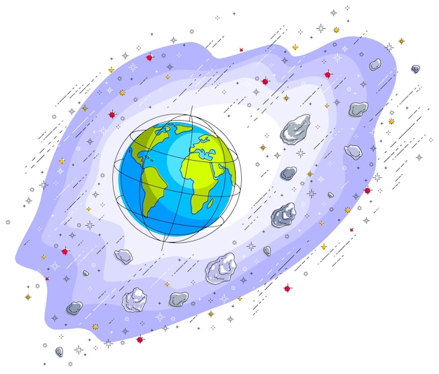 Vettore pianeta terra nello spazio circondato da stelle, comete, asteroidi e altri elementi. piccola terra in un cosmo infinito. illustrazione di vettore 3d di linea sottile isolato su bianco.