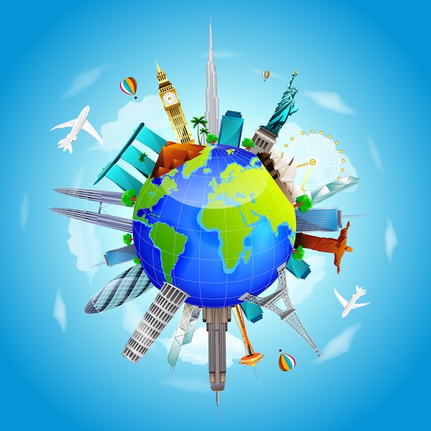 Planet earth travel the world concept on blue sky background