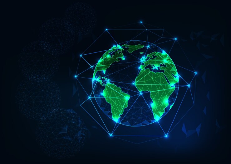 Vector planet earth view from space with green continents outlines abstract background.