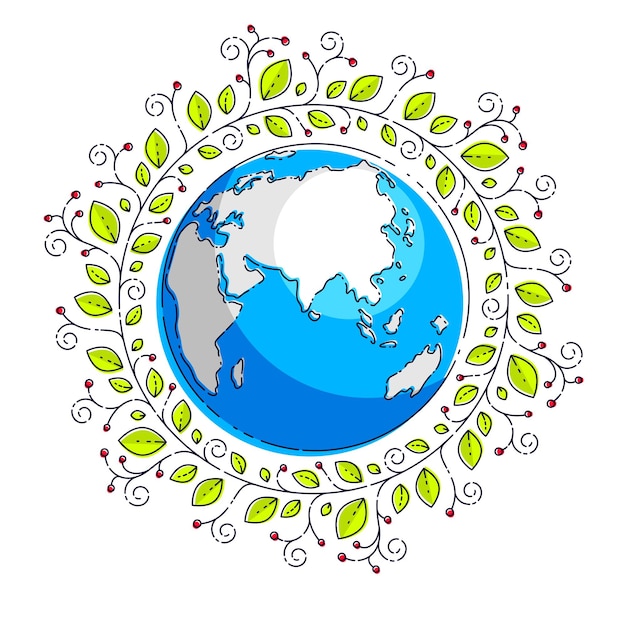 Planet earth with green leaves floral ornate design, vector emblem or illustration isolated on white.