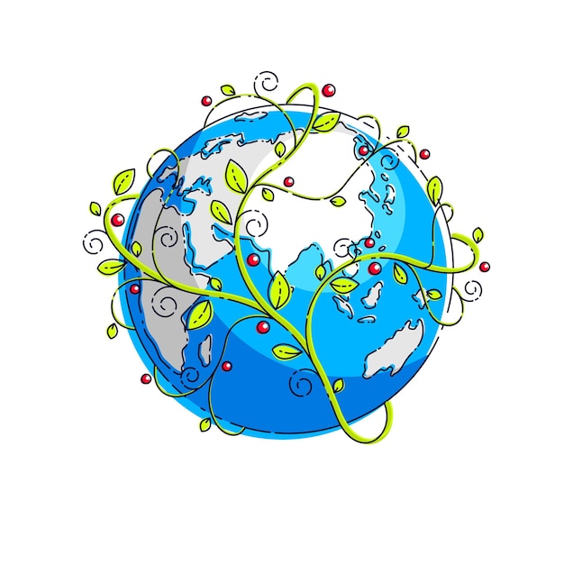 Planet earth with green leaves floral ornate design, vector emblem or illustration isolated on white.