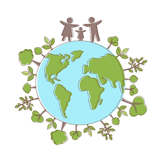 Земля планеты с зелеными деревьями и семьей