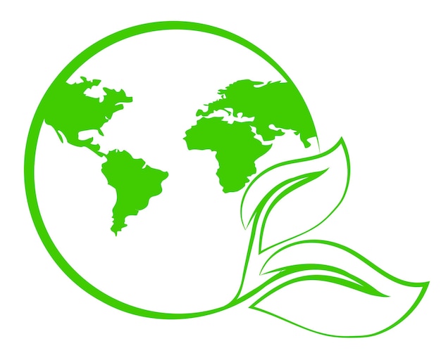 Vector planet earth with map and green leaves logo or emblem symbol earth day concept greening the planet c