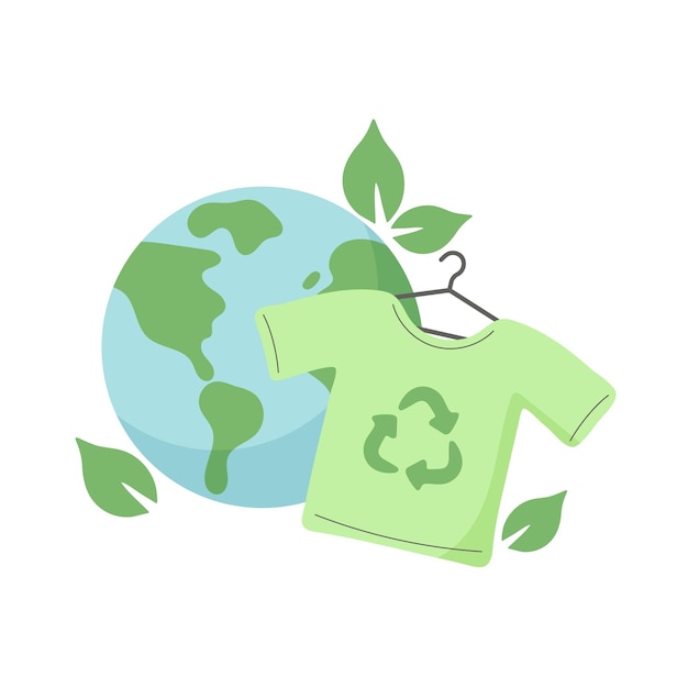 Vector planet earth with tshirt on a hanger and leaves slow fashion concept vector illustration