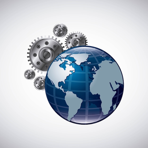 Planet and gears icon. Global communication design. Vector graph