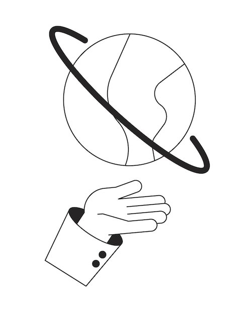 Planet over hand flat monochrome isolated vector object Planetary ring Editable black and white line art drawing Simple outline spot illustration for web graphic design