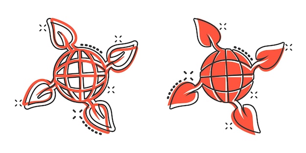 Иконка планеты и листа в комическом стиле Мировая и эко-мультяшная векторная иллюстрация на белом изолированном фоне Глобус и органический эффект всплеска бизнес-концепция