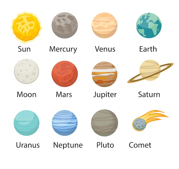 Vector planet solar system icons  style. planets collection with sun, mercury, mars, earth, uranium, neptune, mars, pluto, venus. children's educational  illustration