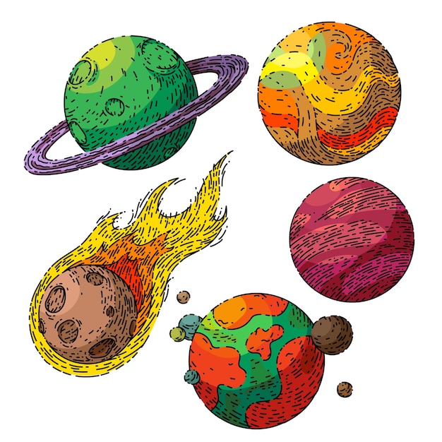 Planet space set sketch hand drawn vector