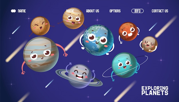 Sistema planetario, esplorando pianeti illustrazione di atterraggio banner. personaggio dei cartoni animati giove, saturno, urano, nettuno.