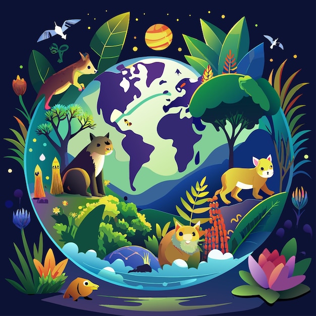 Vector a planet with animals and trees around it