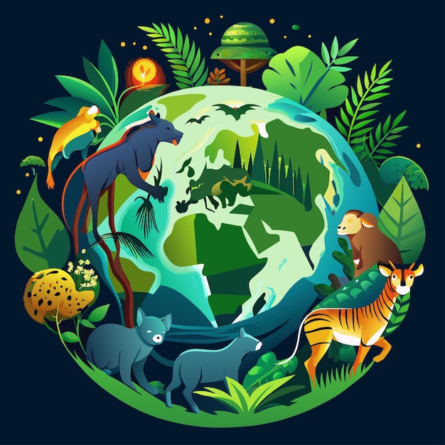 Vector a planet with animals and trees around it