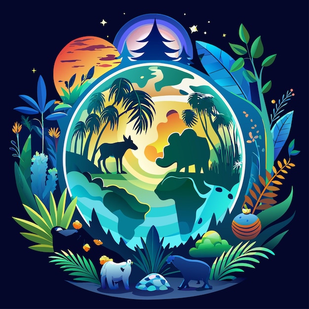 a planet with animals and trees around it