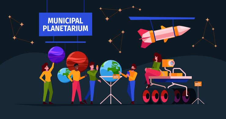 Vector planetarium interior people in space museum innovation systems for education characters solar system garish vector cartoon background