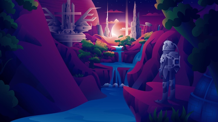Vector a planetary sci-fi landscape, astronauts stand on rocks, explore the world of futuristic technology.