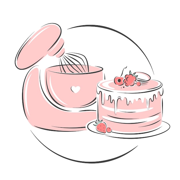 Vector planetary stationary dough mixer, cake and berries. cake shop logo.