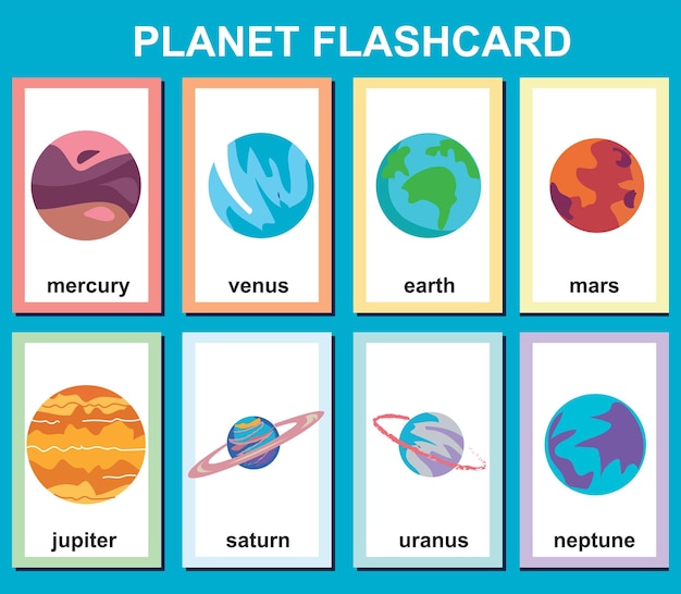 Planeten in het zonnestelsel flashcards voor kinderen die leren over het planetenstelsel en de ruimte