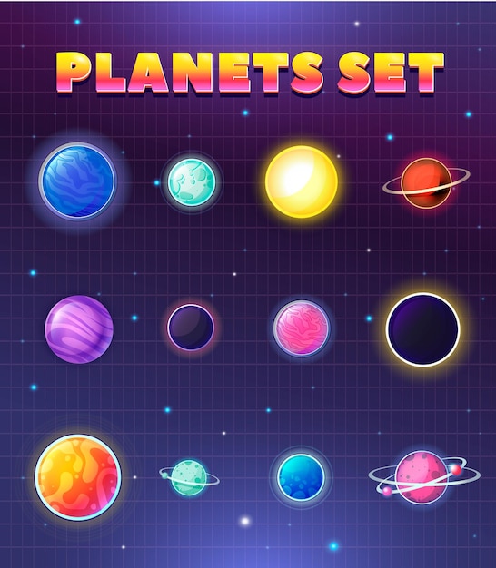 Planeten ingesteld op ruimteachtergrond Galaxy game-ontwerp Vectorruimteillustratie Objecten voor web- of mobiele game-ontwikkeling