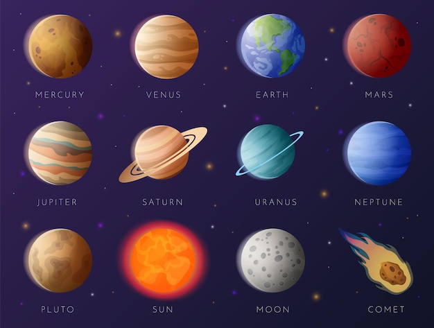 Planets collection Cartoon Solar system elements Galaxy exploration Astronomy research Earth with Moon Isolated Mercury Venus and Mars Jupiter Saturn Uranus Neptune and Pluto Vector space set