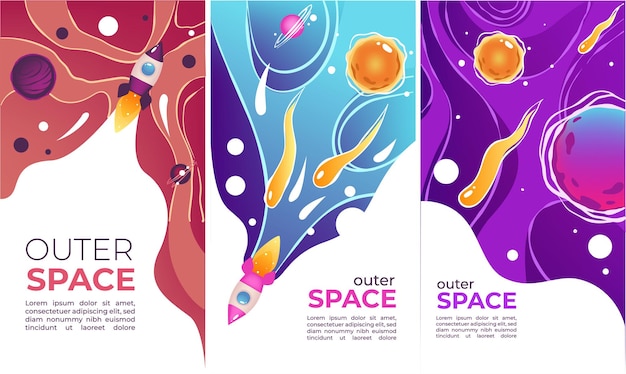Planets and launching rockets on banner with text and copy space