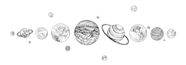 Vector planets lined up in row. solar system drawn in monochrome colors. gravitationally bound celestial bodies in outer space. natural cosmic objects arranged in horizontal line. illustration.