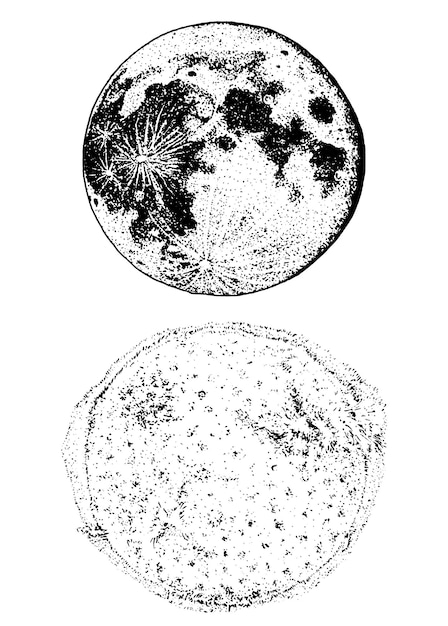 태양계 달의 행성과 태양 천문 은하 공간은 레이블을 위해 오래된 스케치 빈티지 스타일로 손으로 새겨져 있습니다.