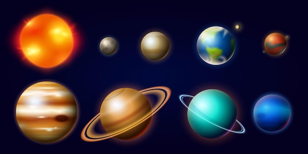 Vector planets in solar system moon and the sun mercury and earth mars and venus jupiter or saturn