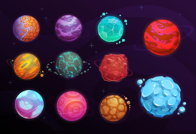 Planets of space games cartoon set fantasy galaxy