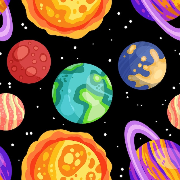 Planets, stars and satellites on a starry sky space seamless pattern