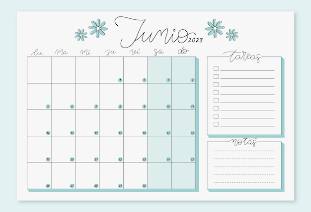 Vector planificador mensual calendario junio en español
