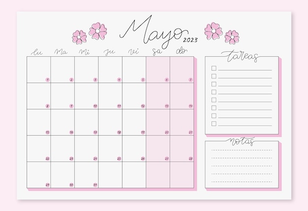 Vector planificador mensual calendario mayo en español