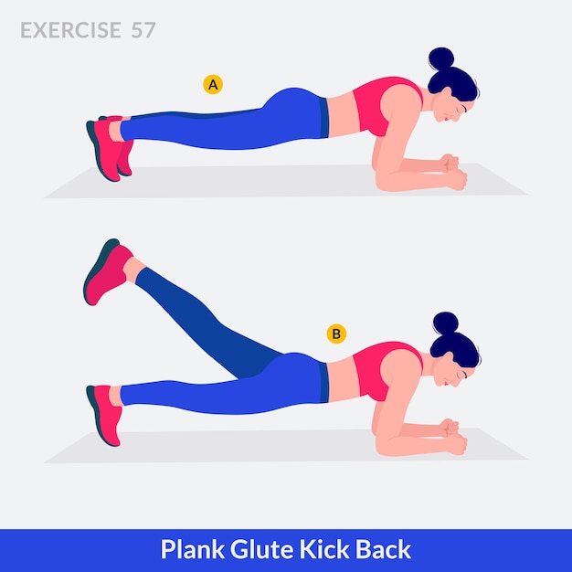 Plank Glute Kick Back oefening Vrouw workout fitness aerobic en oefeningen