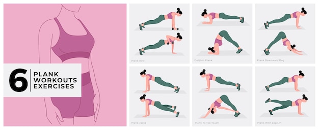 Vector plank workout set. women workout fitness, aerobic and exercises. vector illustration.