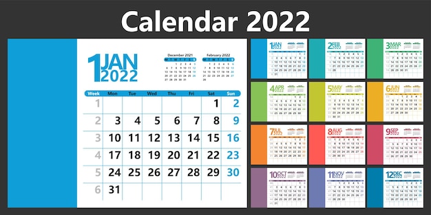 Calendario planner per il 2022 con numeri di settimana modello per un calendario da parete per un'azienda