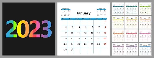 Календарь планировщика на 2023 год Шаблон настенного календаря для компании Неделя начинается в понедельник Векторная иллюстрация
