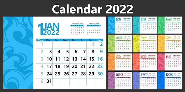 주 번호가 있는 2022년 플래너 캘린더 회사용 벽 캘린더 템플릿